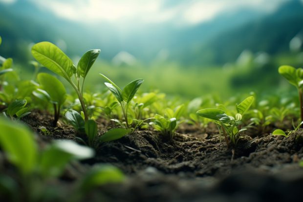 Growing organic and ecological plants, fields background